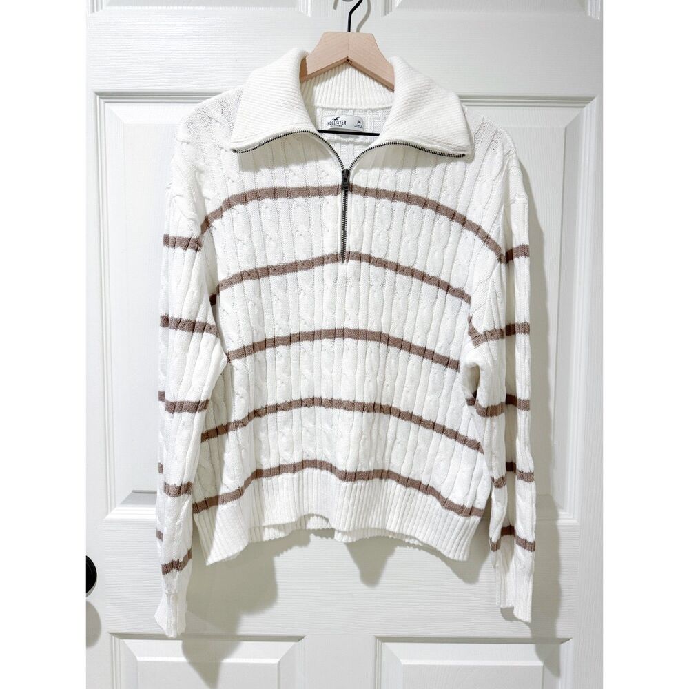 Hollister Cable Knit Striped Half Quarter Zip Oversized Collared Sweater Tan M